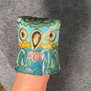 Owl Bird Thimble Blue Gold Tone Cloisonné Enamel Vintage